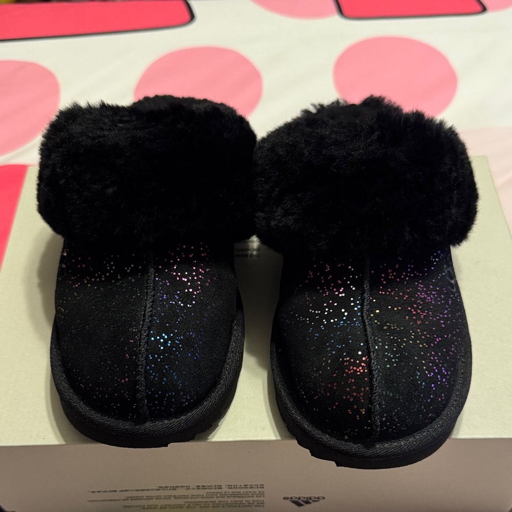 UGG Black Furry Slippers with Colorful Speckles